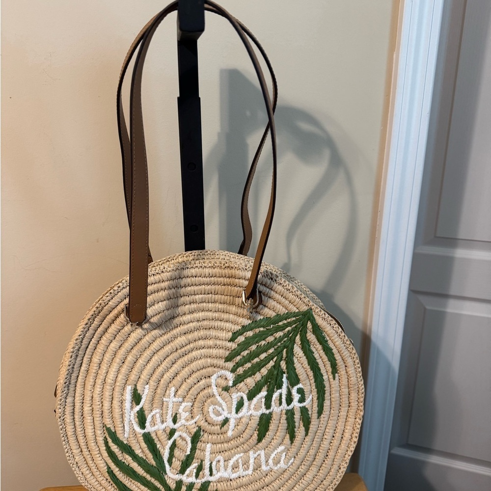 Kate Spade Straw Tote with Green Leaf Design